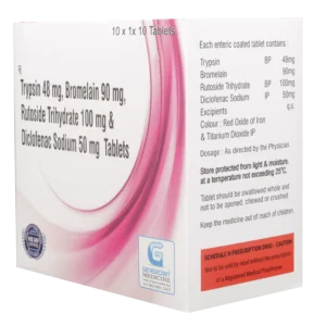 TRYPSIN 48 MG + BROMELAIN 90MG + RUTOSIDE TRIHYDRATE 100MG+ DICLOFENAC SODIUM 50MG  10 TABLETS