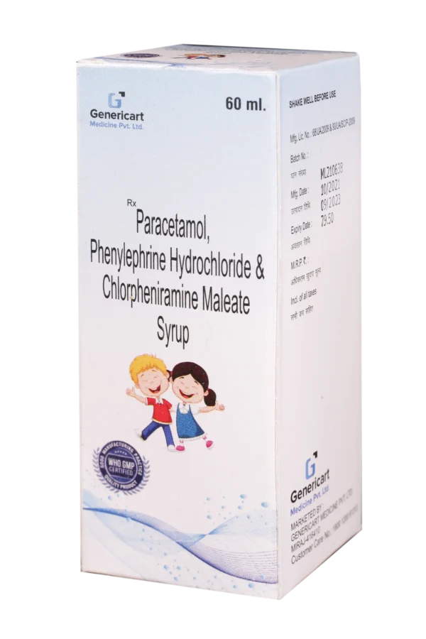 BOTTLE of 60 ML. Rx Prescription Required CHLORPHENIRAMINE MALEATE 1 MG + PARACETAMOL 125 MG + PHENYLEPHRINE 2.5 MG Manufacturer : BIOCHEM