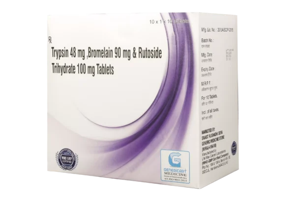 STRIP of 10 TAB. TRYPSIN 48 MG + BROMELAIN 90 MG + RUTOSIDE TRIHYDRATE 100 MG Manufacturer : LIFE MAX CANCER
