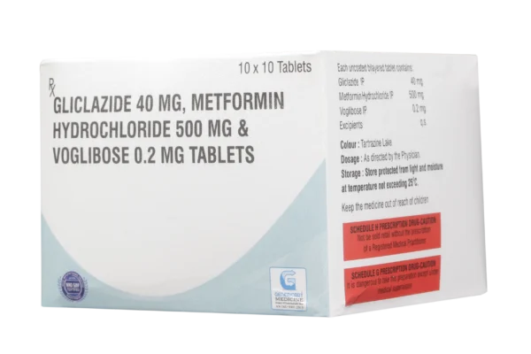 GLICLAZIDE 40 MG + METFORMIN HYDROCLORIDE 500 MG + VOGLIBOSE 0.2 MG 10 TABLETS