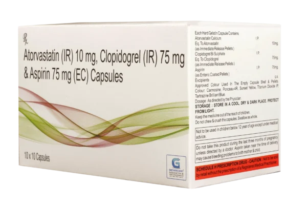 ATORVASTATIN (IR) 10 MG + CLOPIDOGREL (IR) 75 MG + ASPIRIN 75 MG (EC) 10 CAPSULES