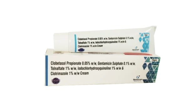CLOTRIMAZOLE 1 % W/W + IODOCHLOROHYDROXYQUINOLINE 1 % W/W + TOLNAFATE 1 % W/W + GENTAMYCIN 0.1 % W/W + CLOBETASOL 0.05 % W/W + CHLOROCRESOL 0.1 % W/W CREAM 15 GM.