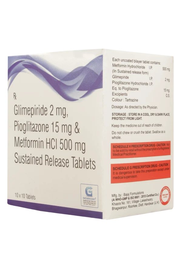 GLIMEPIRIDE 2 MG + PIOGLITAZONE HCL 15 + METFORMIN HYDROCHLORIDE 500 MG SR 10 TABLETS