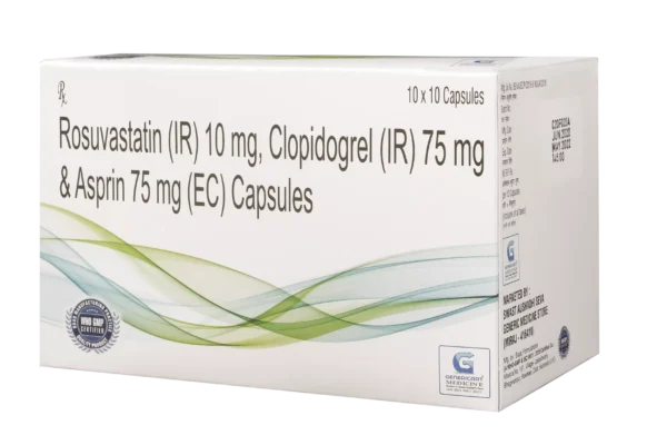 ROSUVASTATIN (IR) 10 MG + CLOPIDOGREL (IR) 75 MG + ASPRIN 75 MG (EC) 10 CAPSULES